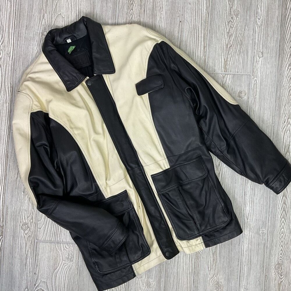 Vintage Ledge New York Milano Leather Jacket 2-Tone Black Cream Patch Pockets Fu